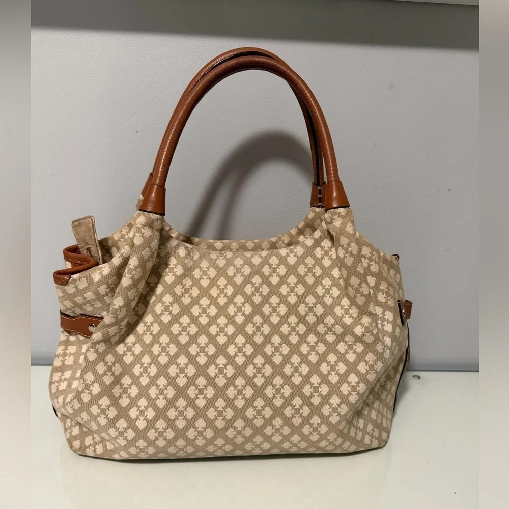 kate spade Beige Canvas Shoulder Bag with Red and Pink Stripe